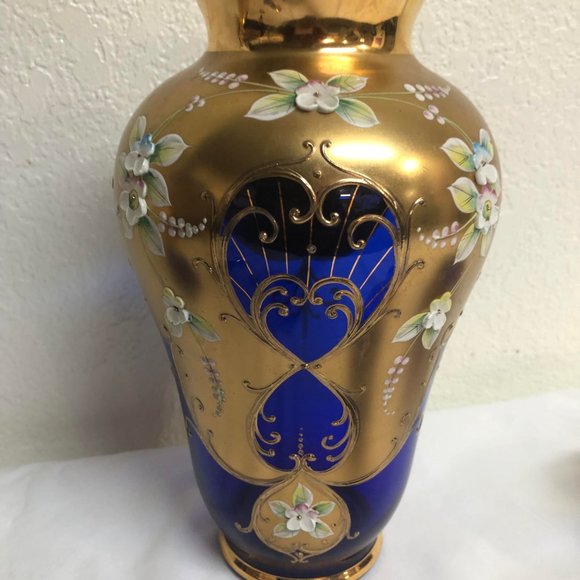 (Rare)Vintage Bohemian Raised Floral Czech Cobalt Blue 24K Gold - Picture 7 of 8